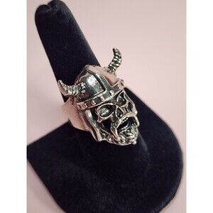 Silver Tone Size 8 Skull Viking Helmet Horns Adjustable Fashion Jewelry Ring